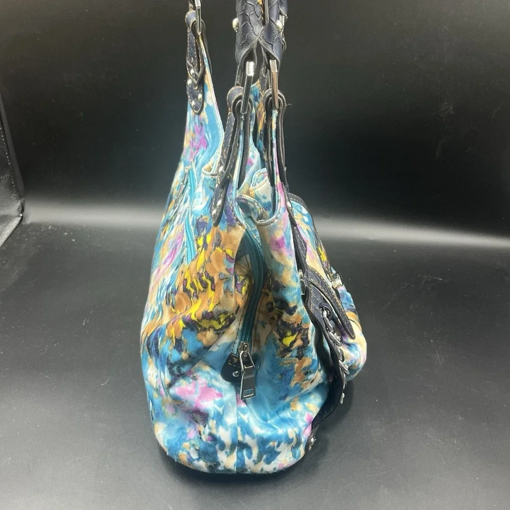 Wilson Leather Blue and Pink Water‎ Color Floral Fabric Hobo Bag Rare